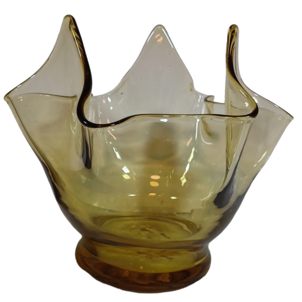 Hand Blown Handkerchief Amber Vintage Glass Bowl or Vase